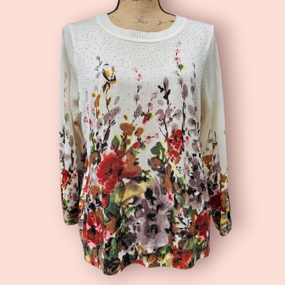 Rebecca Malone Sweaters - Rebecca Malone Women's Lightweight Rhinestone & Watercolor Floral Sweater,  L